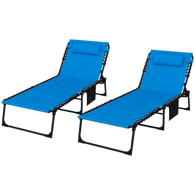 Lot de 2 chaises longues pliantes d'extérieur avec dossier inclinable sur 5 positions, assise rembourrée, pochette latérale et appuie-tête