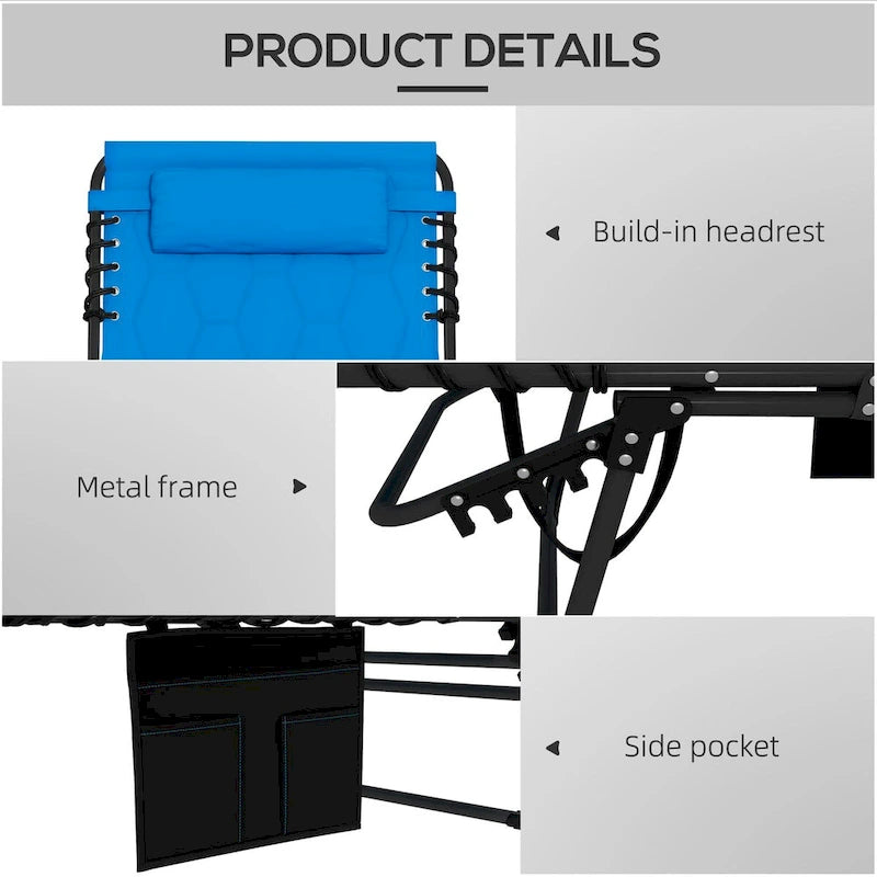 Lot de 2 chaises longues pliantes d'extérieur avec dossier inclinable sur 5 positions, assise rembourrée, pochette latérale et appuie-tête