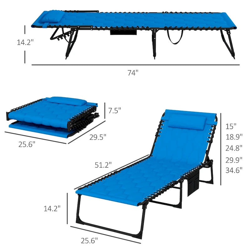 Lot de 2 chaises longues pliantes d'extérieur avec dossier inclinable sur 5 positions, assise rembourrée, pochette latérale et appuie-tête