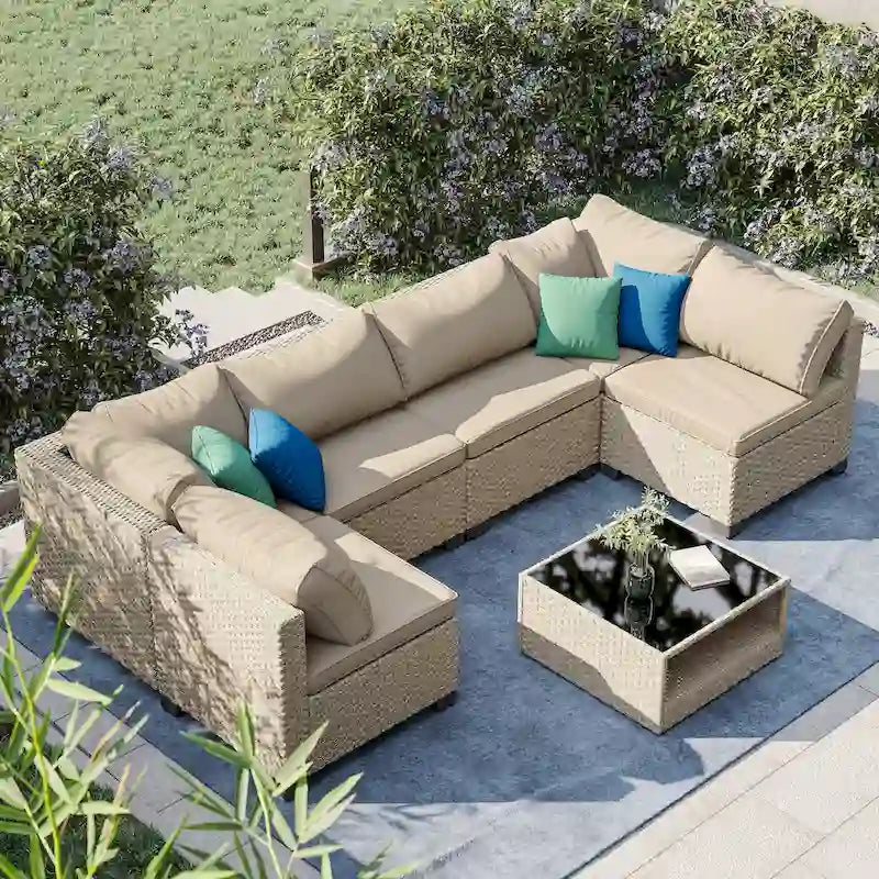 7-Piece Patio Furniture Set, All-Weather Boho Outdoor Conversation Set Sectional Sofa with Water Resistant Thick Cushions