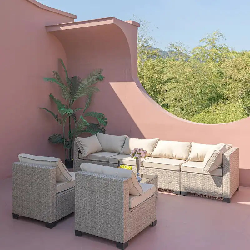 Ensemble de mobilier de jardin 7 pièces, canapé sectionnel d'extérieur bohème toutes saisons avec coussins épais résistants à l'eau