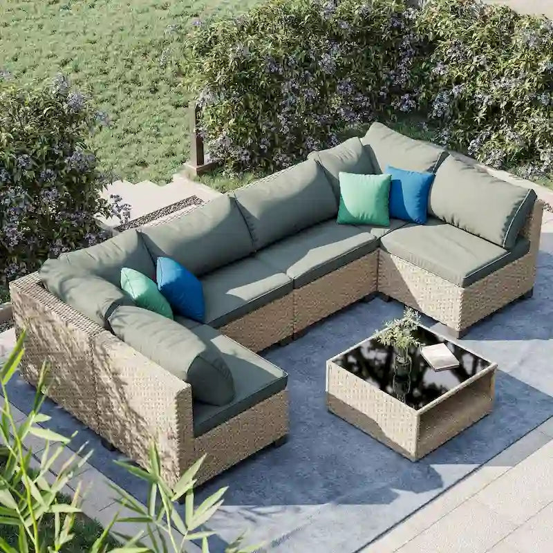 Ensemble de mobilier de jardin 7 pièces, canapé sectionnel d'extérieur bohème toutes saisons avec coussins épais résistants à l'eau