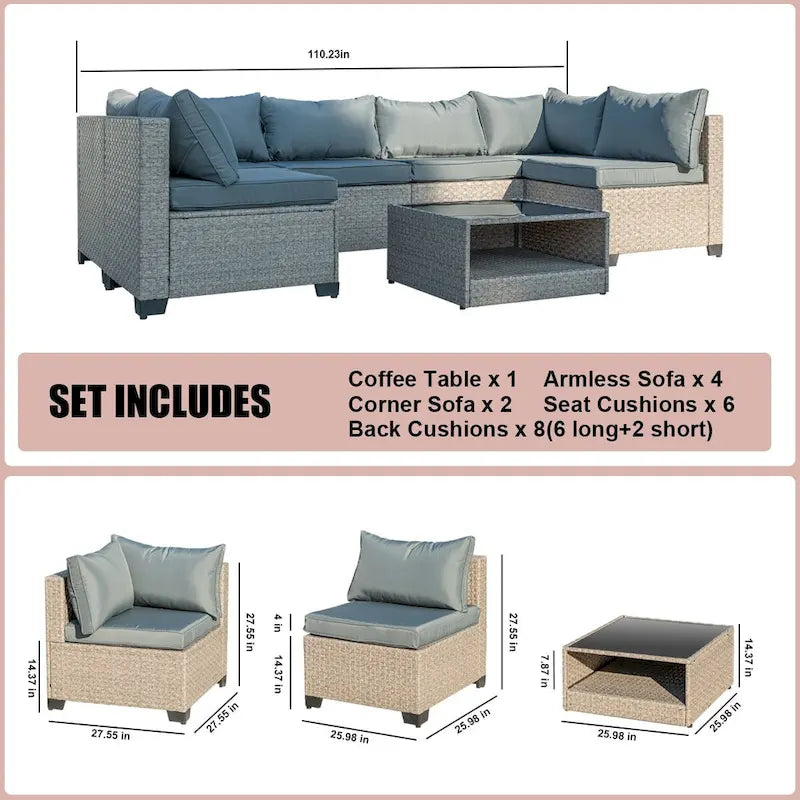 Ensemble de mobilier de jardin 7 pièces, canapé sectionnel d'extérieur bohème toutes saisons avec coussins épais résistants à l'eau