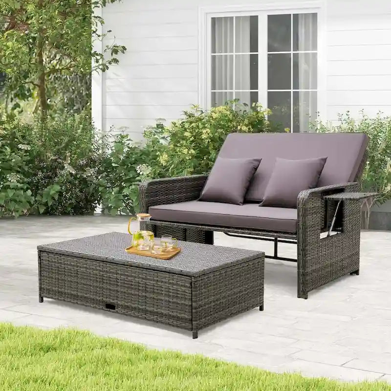 Patio Rattan Daybed Set Wicker Loveseat Sofa w/ Ottoman & Side Tray