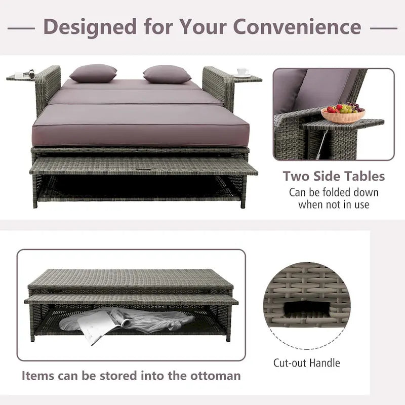 Canapé de jardin en rotin avec ottoman et table d'appoint