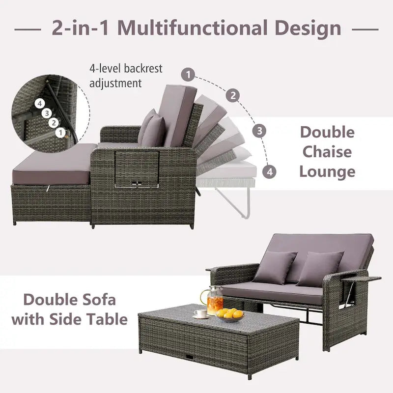 Canapé de jardin en rotin avec ottoman et table d'appoint