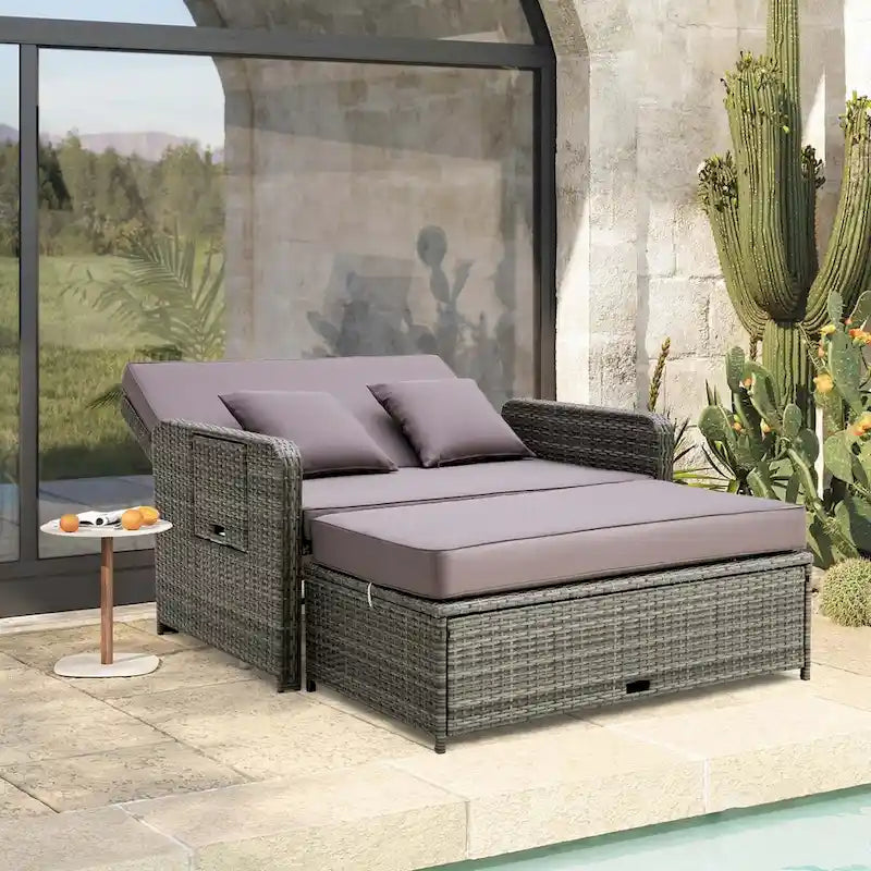 Canapé de jardin en rotin avec ottoman et table d'appoint