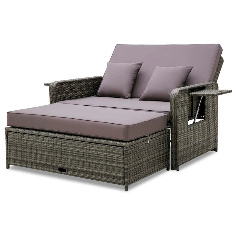 Canapé de jardin en rotin avec ottoman et table d'appoint