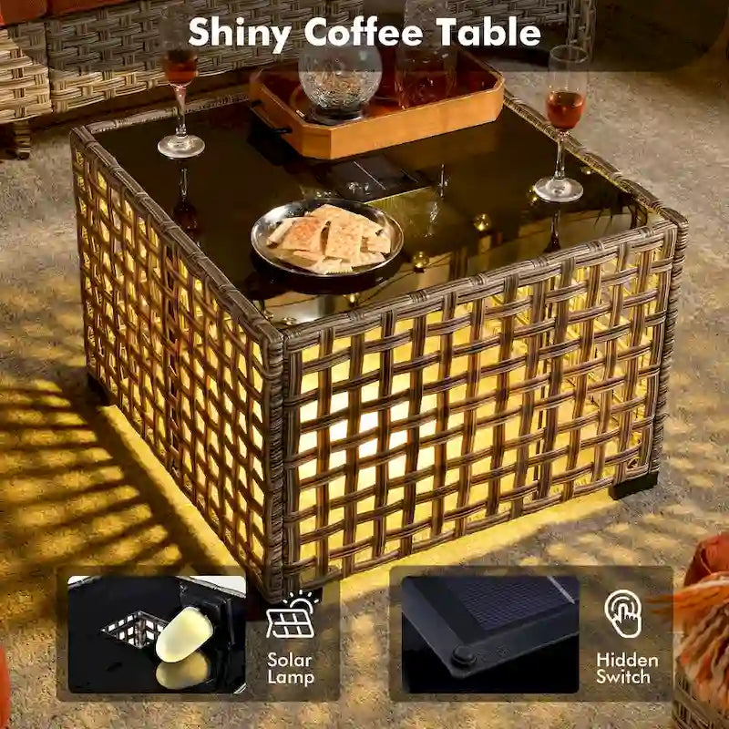 OVIOS Ensemble de 6 pièces en osier d'extérieur avec table à énergie solaire