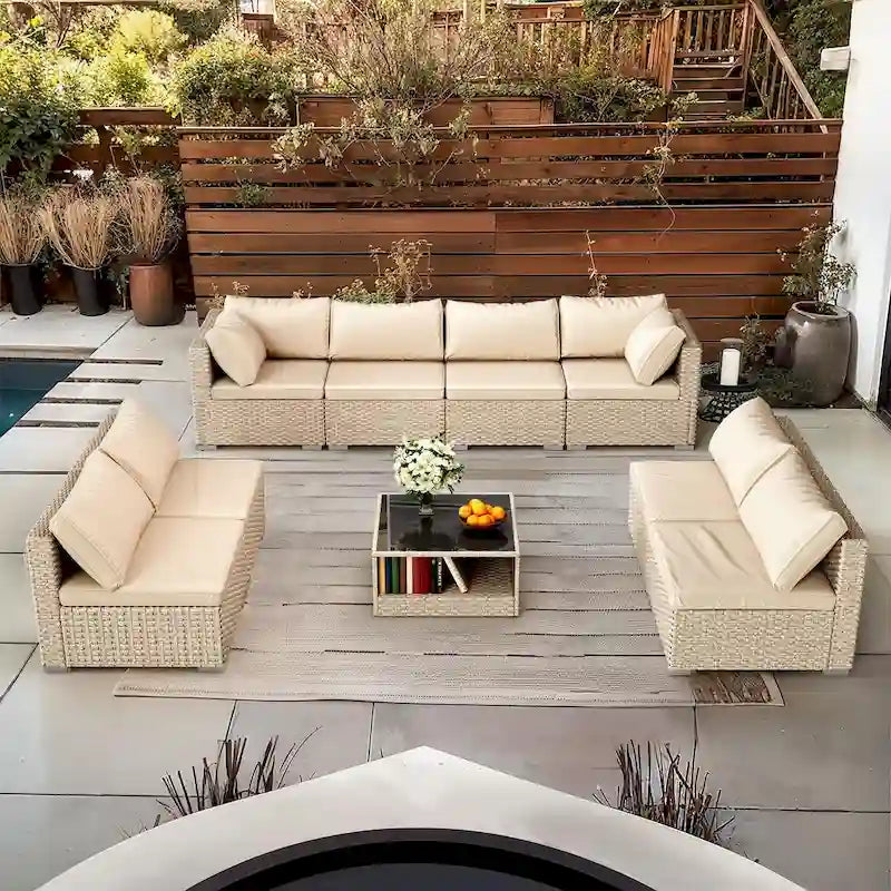 Ensemble de mobilier de patio 9 pièces, ensemble de conversation d'extérieur bohème toutes saisons avec canapé sectionnel et coussins épais résistants à l'eau
