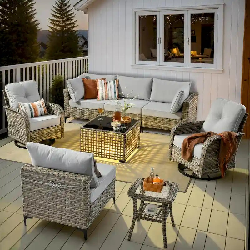 OVIOS Ensemble de 8 chaises pivotantes d'extérieur en osier avec table basse à énergie solaire