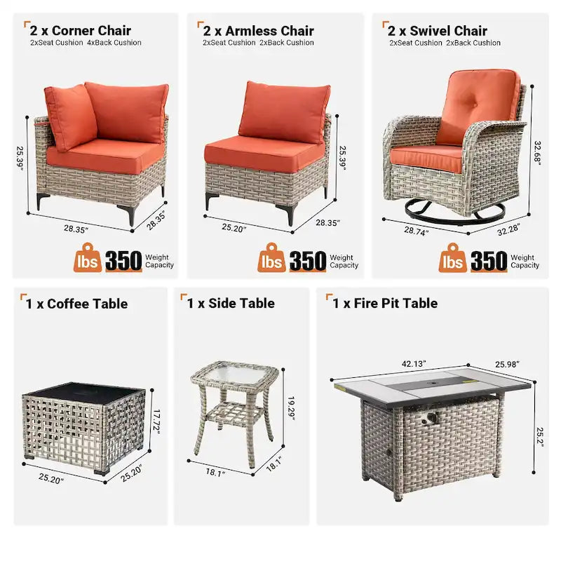 OVIOS Ensemble de 8 chaises pivotantes d'extérieur en osier avec table basse à énergie solaire