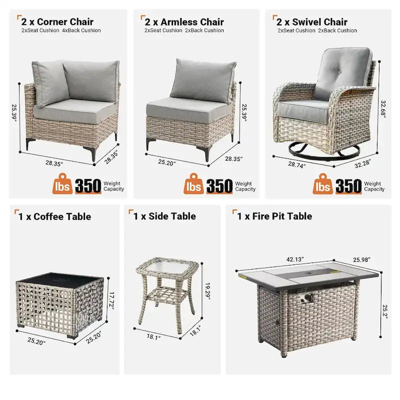 OVIOS Ensemble de 8 chaises pivotantes d'extérieur en osier avec table basse à énergie solaire