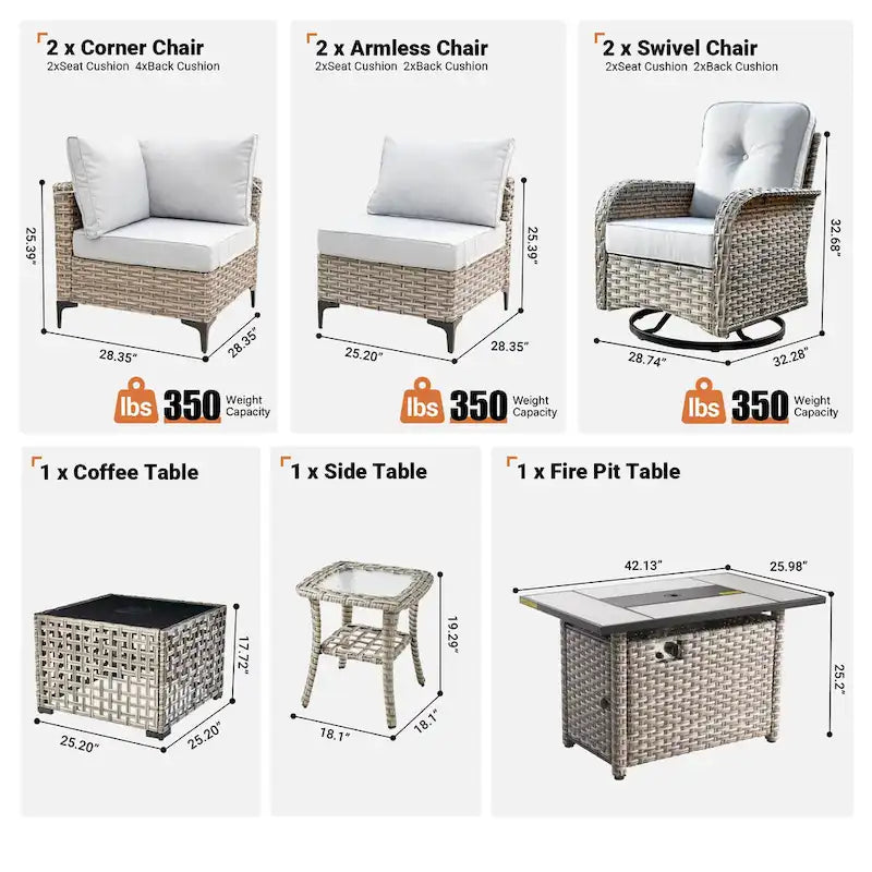 OVIOS Ensemble de 8 chaises pivotantes d'extérieur en osier avec table basse à énergie solaire