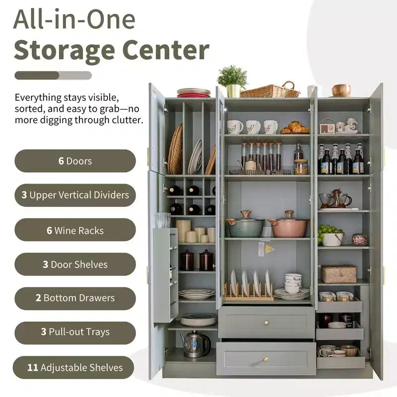 Garde-manger de cuisine autoportant Whisen 71''H, grand buffet de salle à manger avec 6 portes et étagères réglables