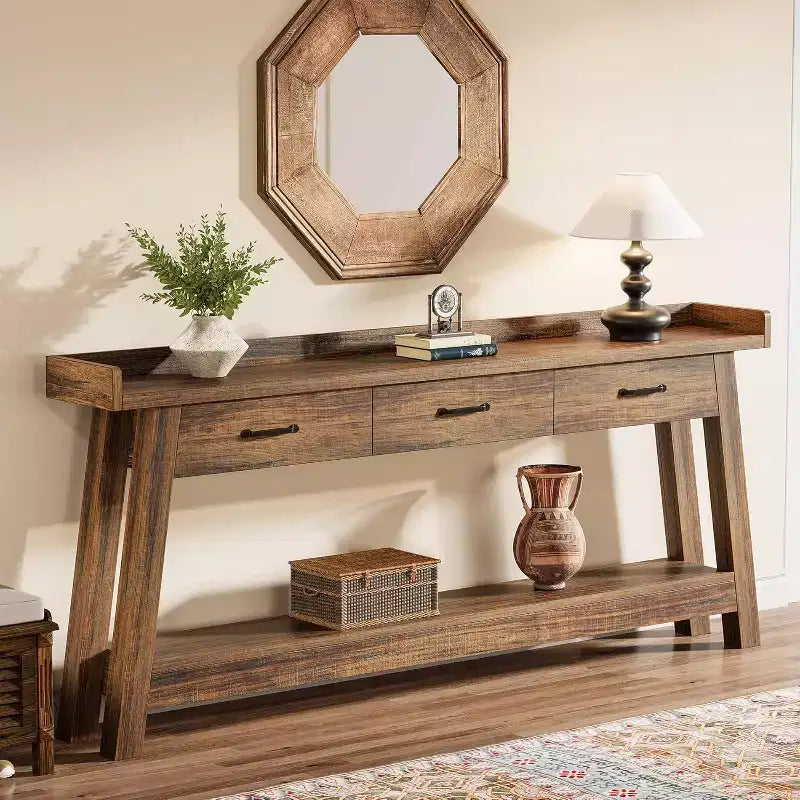 Table de canapé à 2 niveaux Lantine avec 3 tiroirs, console de 180 cm avec chicane surélevée et étagères de rangement pour salon, couloir, entrée