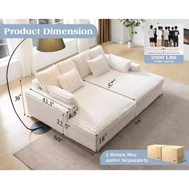 AMERLIFE Canapé double méridienne 93 po pour deux, canapé nuage avec assise profonde, coussins lombaires et accoudoirs larges, assemblage facile, fausse fourrure