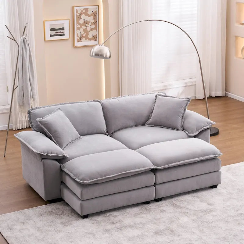 Canapé 2 places avec 2 coussins de siège, 2 oreillers et 2 poufs, canapé confortable - Canapé profond de salon, canapé modulable