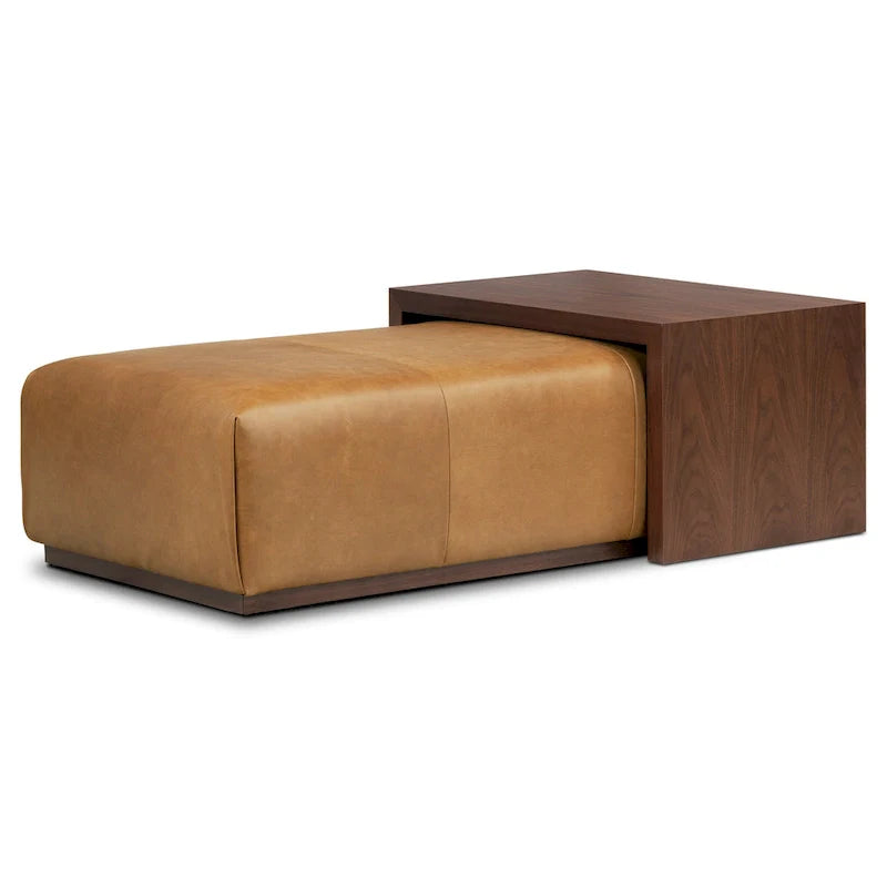 Ottoman Poly & Bark Jarmo avec table en noyer réglable – Cuir pleine fleur véritable italien