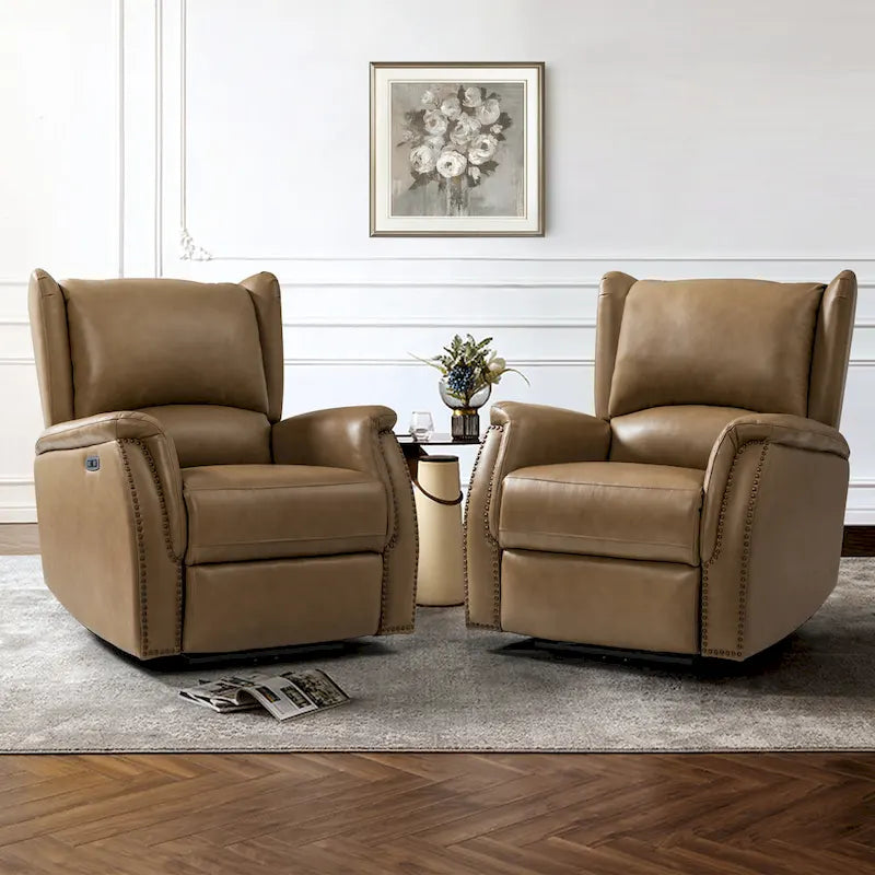 Fauteuil inclinable électrique en cuir véritable avec port USB – Ensemble de 2 fauteuils à oreilles cloutés