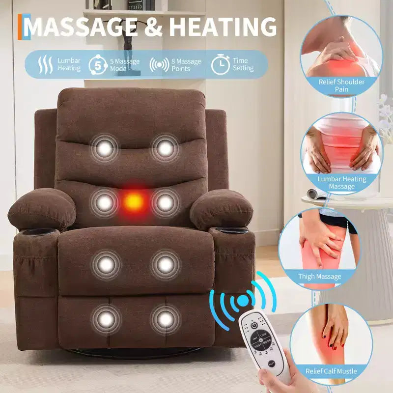Fauteuil inclinable surdimensionné 360 pivotant et berçant avec massage et chaleur - Fauteuil de salon ergonomique avec porte-gobelets, poches latérales pour salon, chambre de bébé