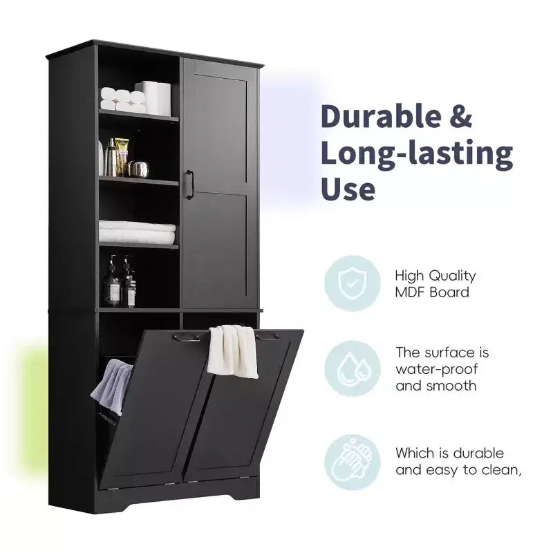 Meuble de rangement de salle de bain avec portes et tiroirs, panier à linge inclinable, plusieurs espaces de rangement, style autoportant