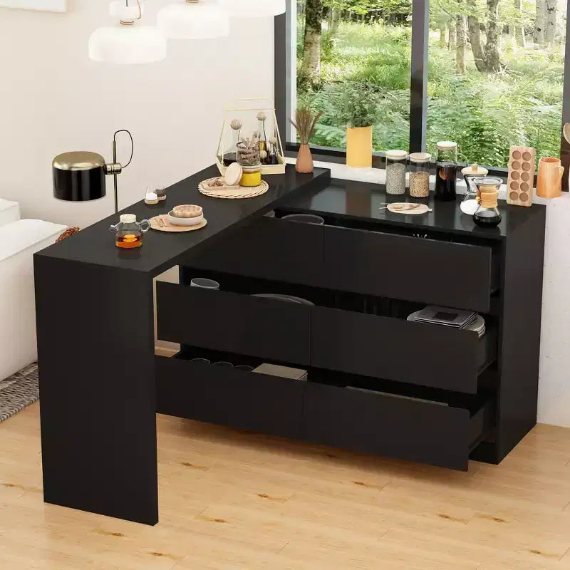Desserte de buffet intelligente rotative/extensible avec 6 tiroirs, plan de travail étendu, tapis antidérapant, table à manger rotative, îlot de cuisine/garde-manger