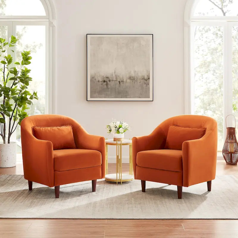 28.34W Lot de 2 fauteuils d'appoint, fauteuil barillet en velours avec pieds en bois massif