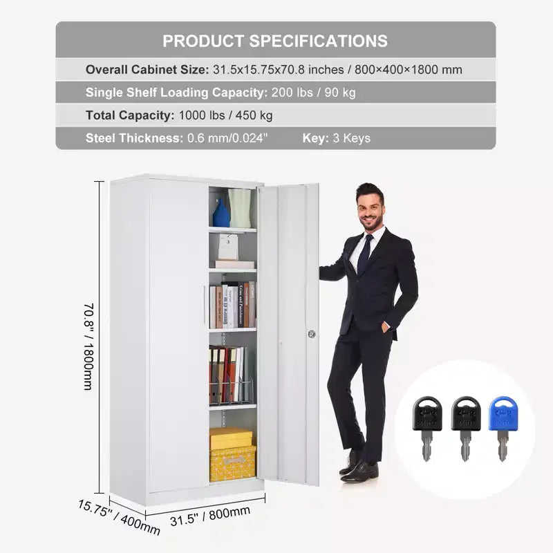 Armoire de rangement en métal VEVOR, armoire de rangement en acier verrouillable avec 2 portes magnétiques et 4 étagères réglables, armoire métallique de 71'' de capacité 200 lbs, blanche